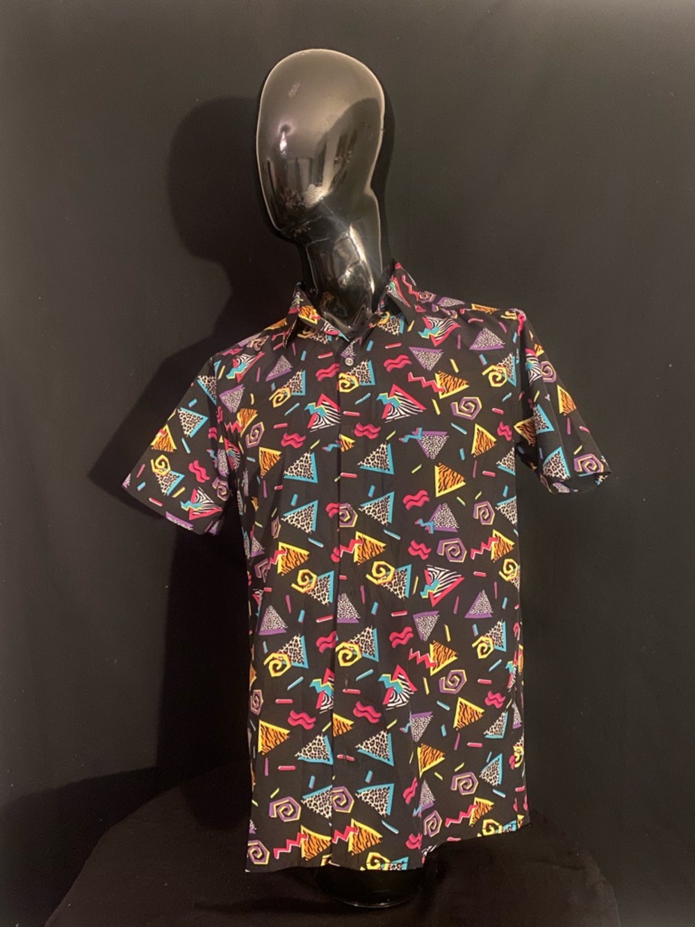 fresh Black Short Sleeve Button-Down Shirt with Neon Geometric Print
